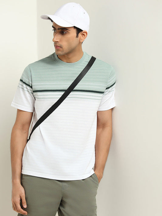 WES Lounge Sage Striped Cotton Blend Relaxed Fit T-Shirt