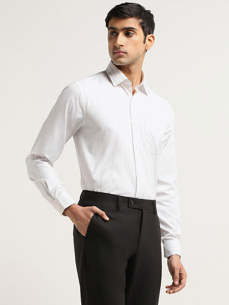 WES Formals White Striped Cotton Relaxed Fit Shirt