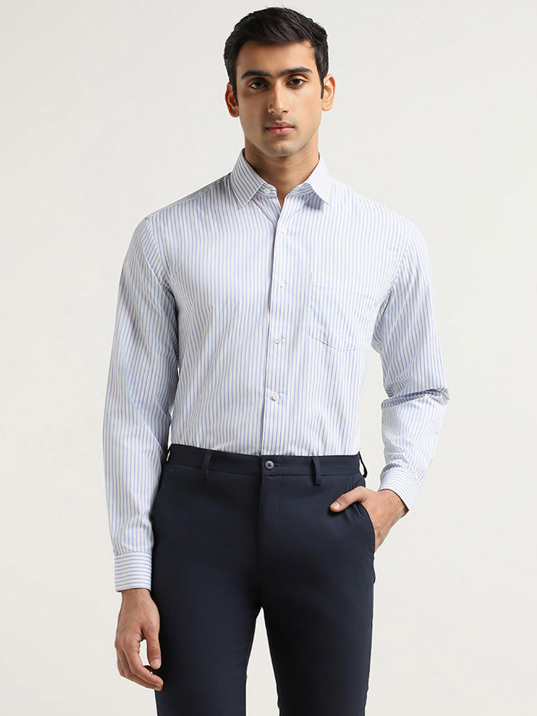 WES Formals Striped White Cotton Slim Fit Shirt