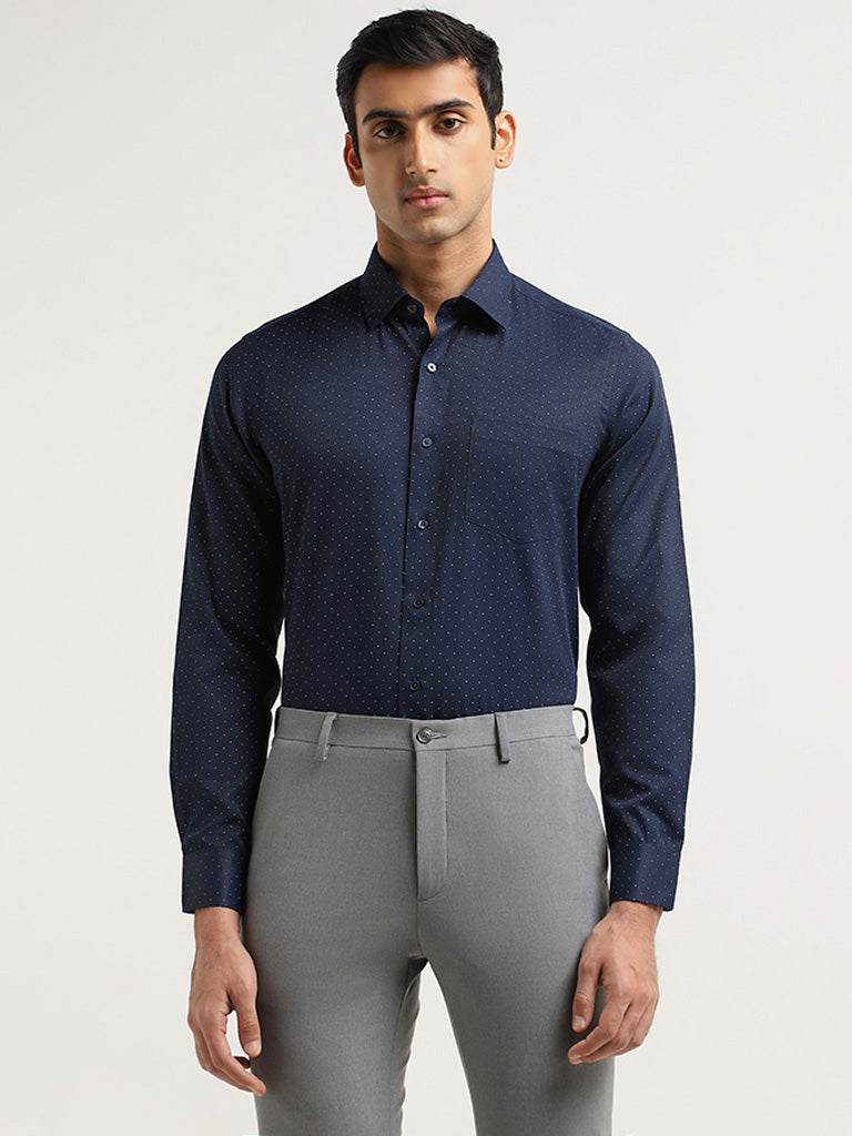 WES Formals Navy Polka-Dotted Cotton Slim Fit Shirt