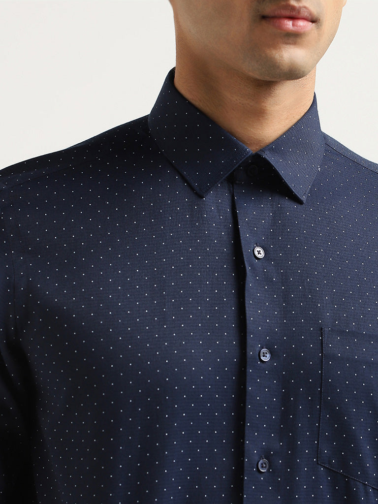 WES Formals Navy Polka-Dotted Cotton Slim Fit Shirt