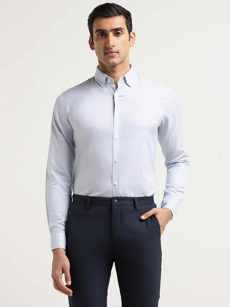 WES Formals Blue Graph Checked Cotton Slim Fit Shirt