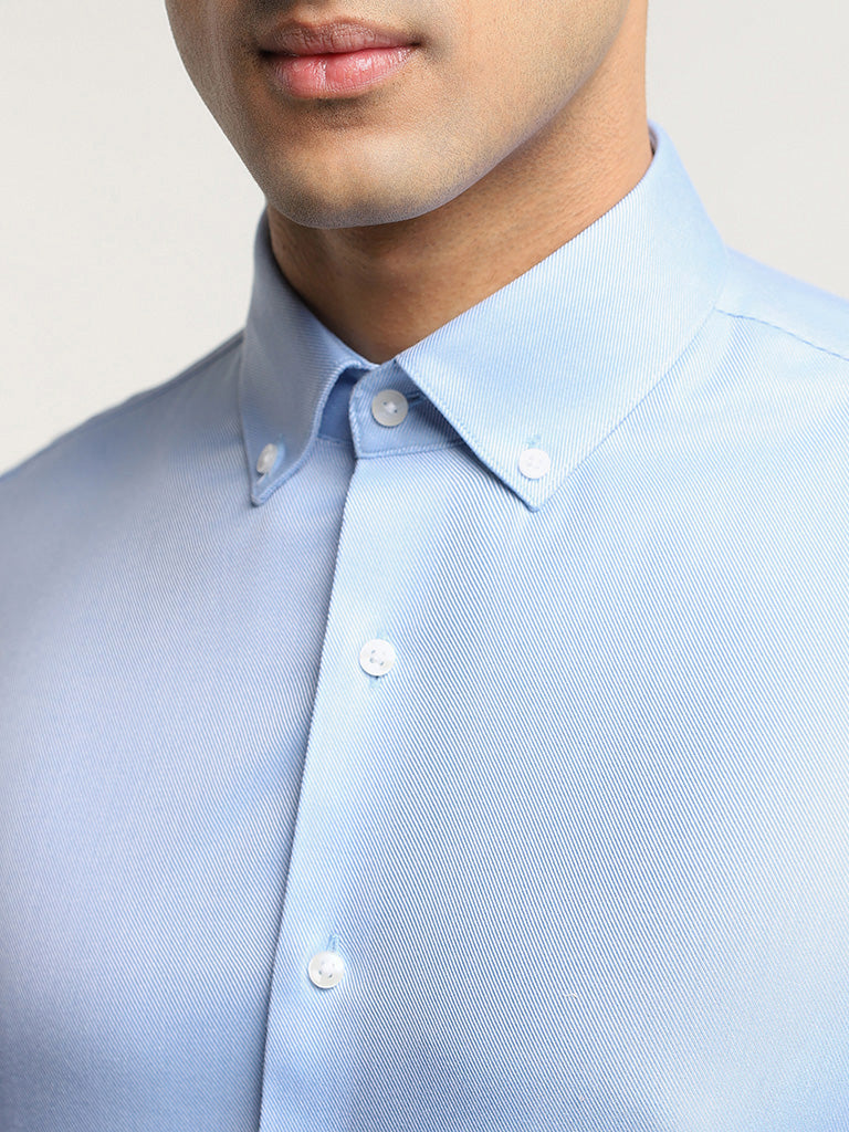 WES Formals Blue Self-Patterned Cotton Slim Fit Shirt