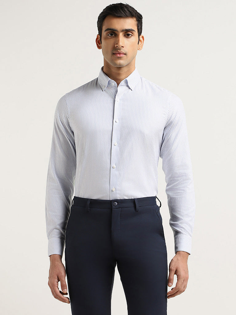 WES Formals Blue Striped Cotton Slim Fit Shirt