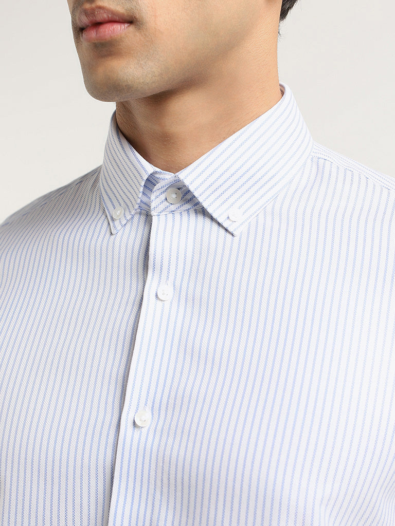 WES Formals Blue Striped Cotton Slim Fit Shirt