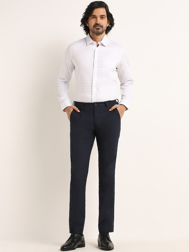 WES Formals White Checked Cotton Slim Fit Shirt