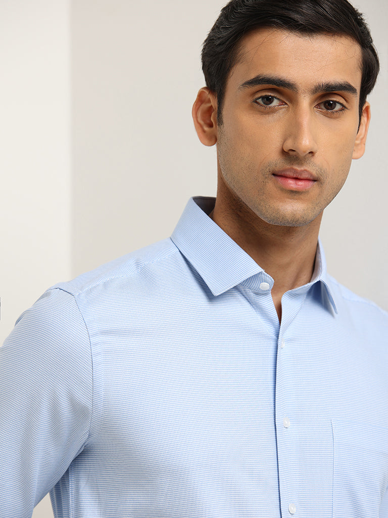 WES Formals Blue Cotton Slim-Fit Shirt