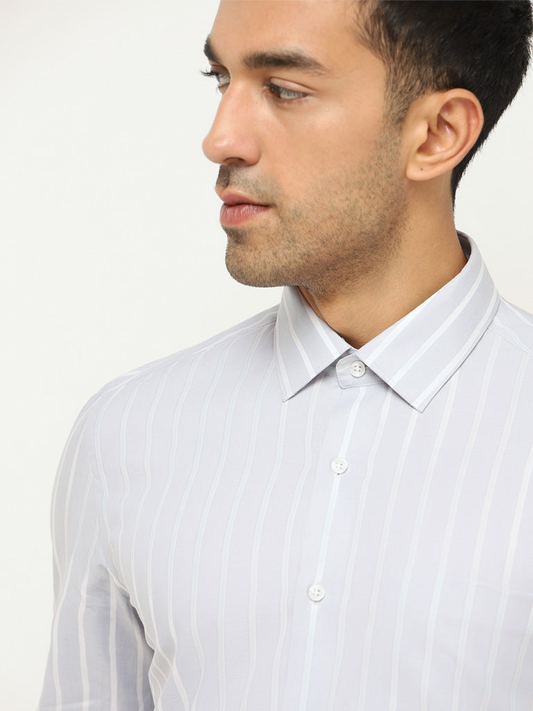 WES Formals Grey Cotton Slim-Fit Shirt