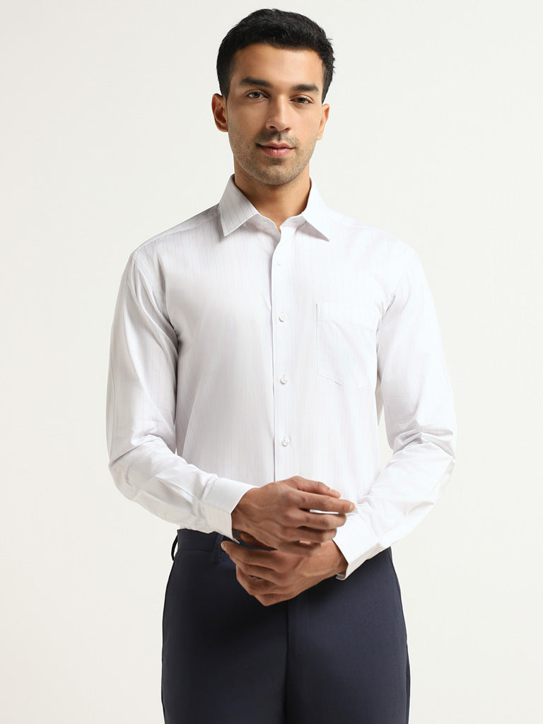 WES Formals White Striped Cotton Relaxed Fit Shirt