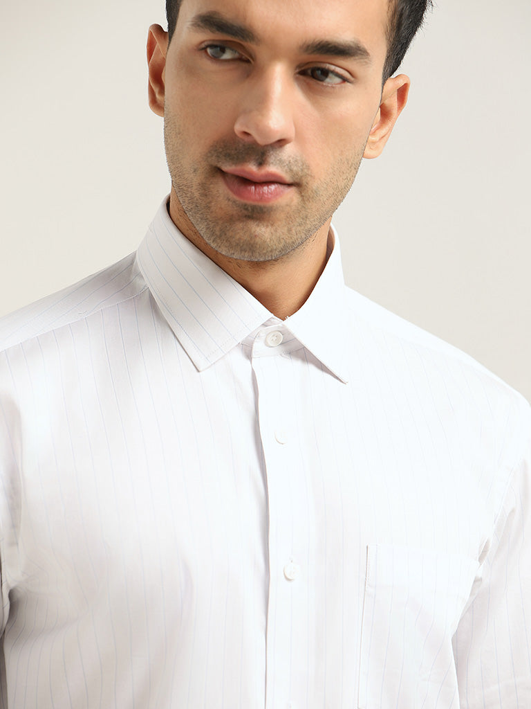 WES Formals White Striped Cotton Relaxed Fit Shirt