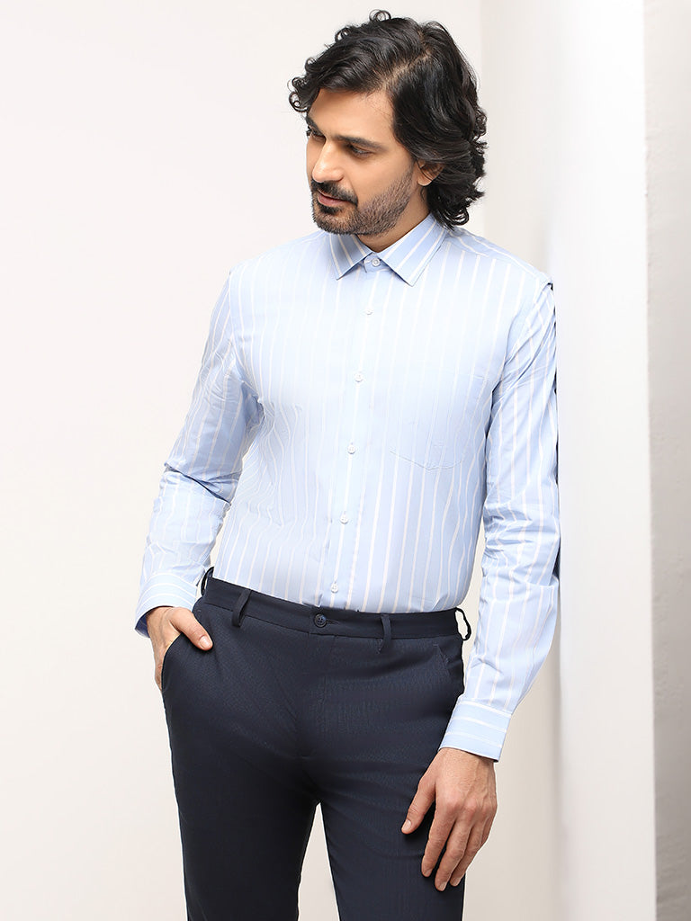 WES Formals Blue Striped Cotton Slim Fit Shirt