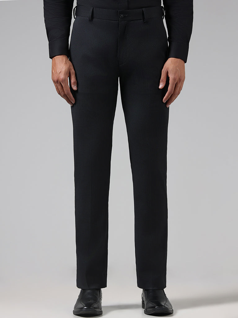 WES Formals Checked Slim Tapered Fit Black Trousers