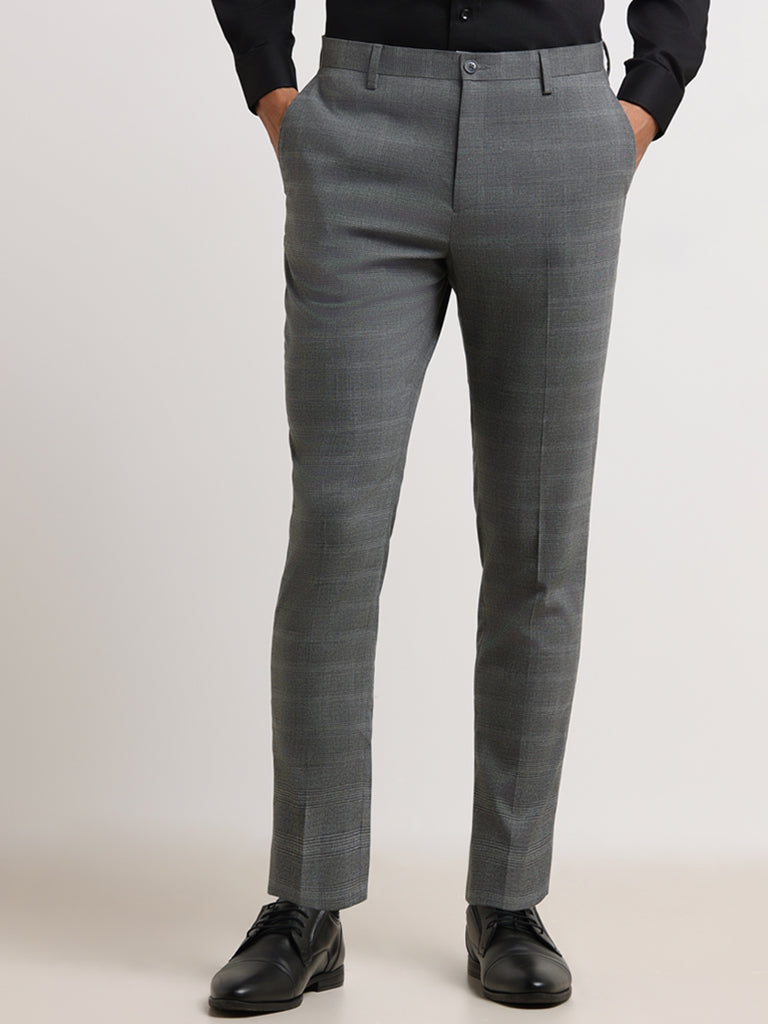 WES Formals Grey Slim Cotton Tapered Fit Trousers