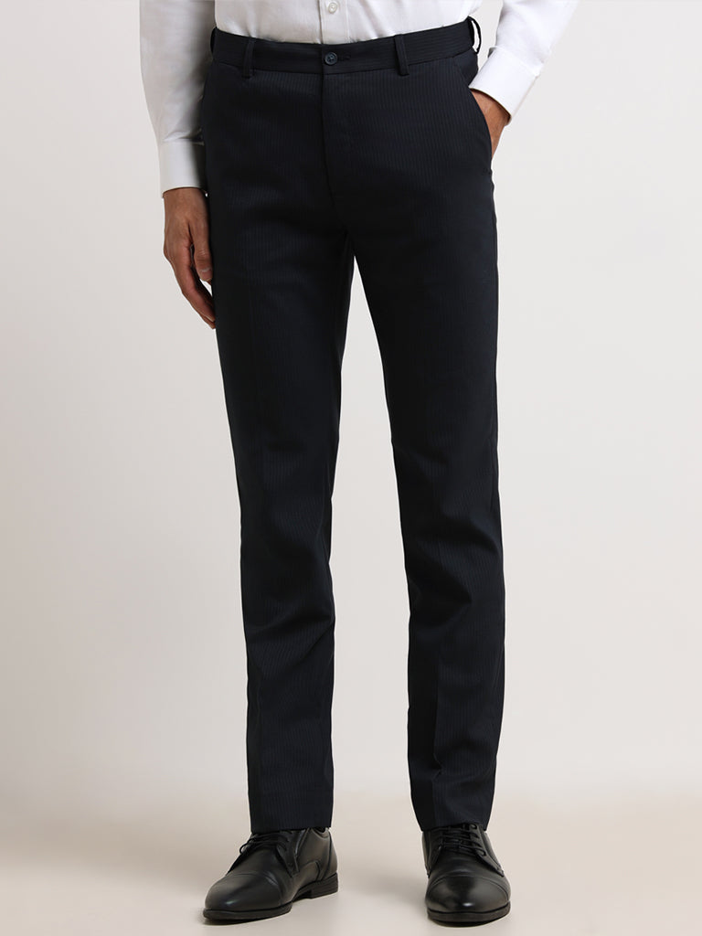 WES Formals Navy Cotton Slim-Fit Trousers