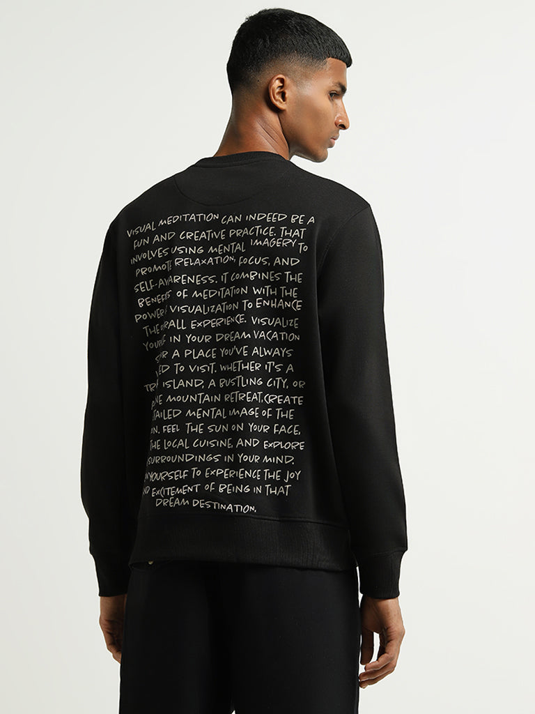 Nuon Black Slogan Printed Cotton Blend Slim Fit Sweatshirt