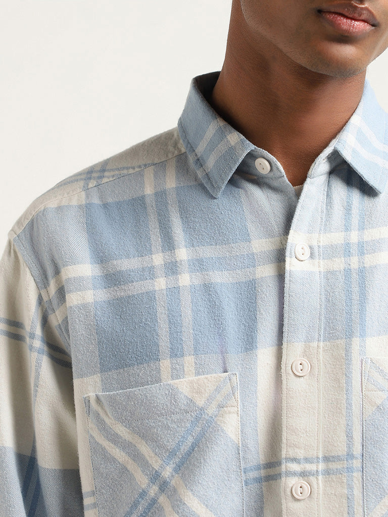 Nuon Blue Checked Printed Cotton Relaxed Fit Shirt