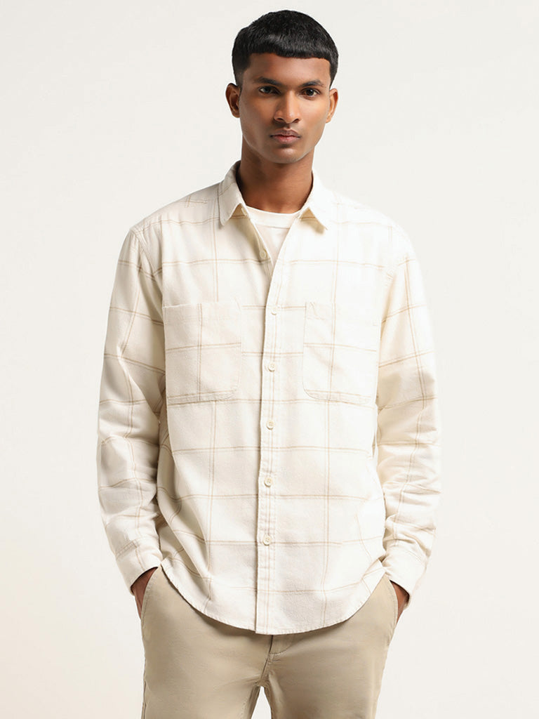 Nuon Off White Checked Cotton Relaxed Fit Shirt