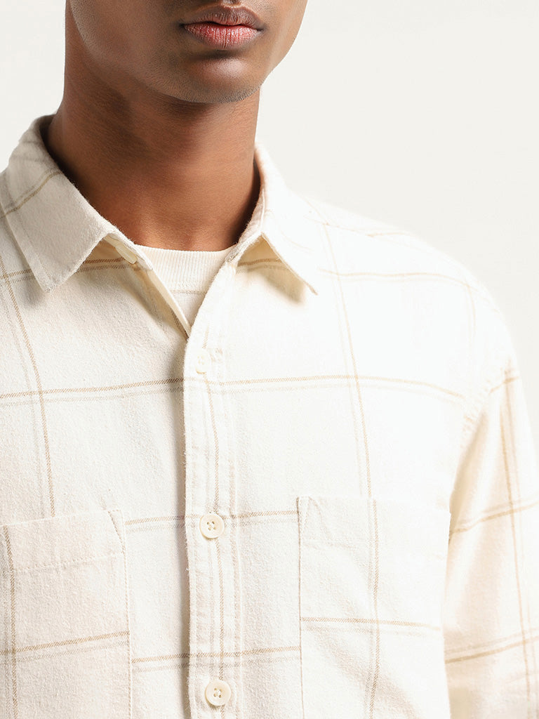 Nuon Off White Checked Cotton Relaxed Fit Shirt