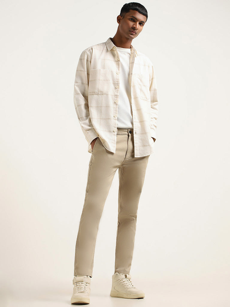 Nuon Off White Checked Cotton Relaxed Fit Shirt