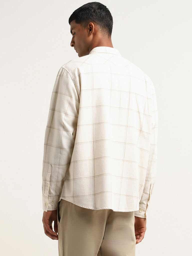 Nuon Off White Checked Cotton Relaxed Fit Shirt