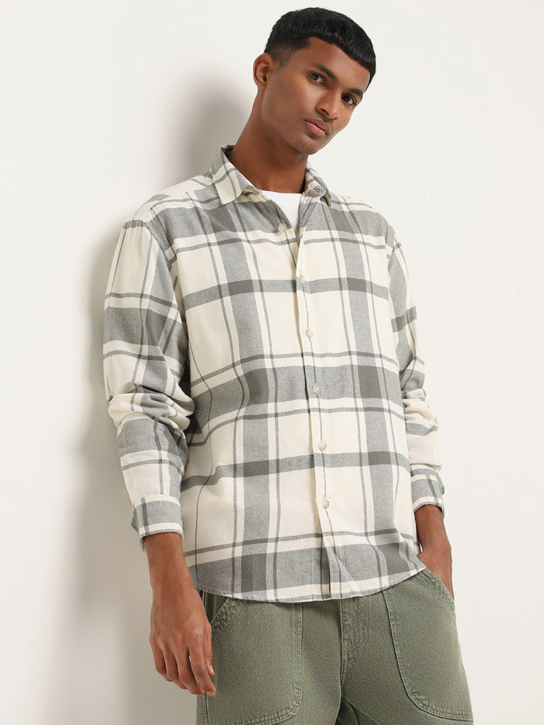 Nuon Off White Checked Cotton Relaxed Fit Shirt