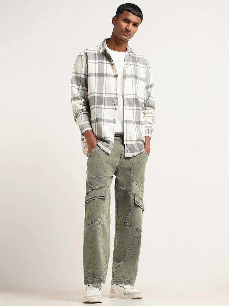 Nuon Off White Checked Cotton Relaxed Fit Shirt