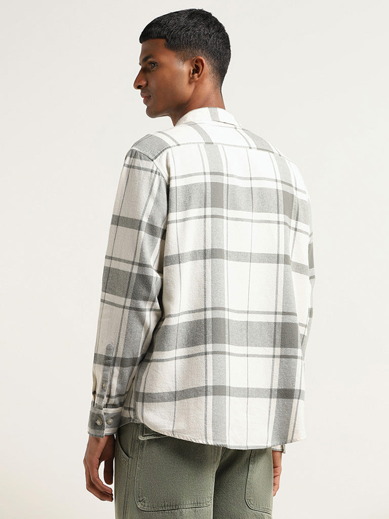 Nuon Off White Checked Cotton Relaxed Fit Shirt