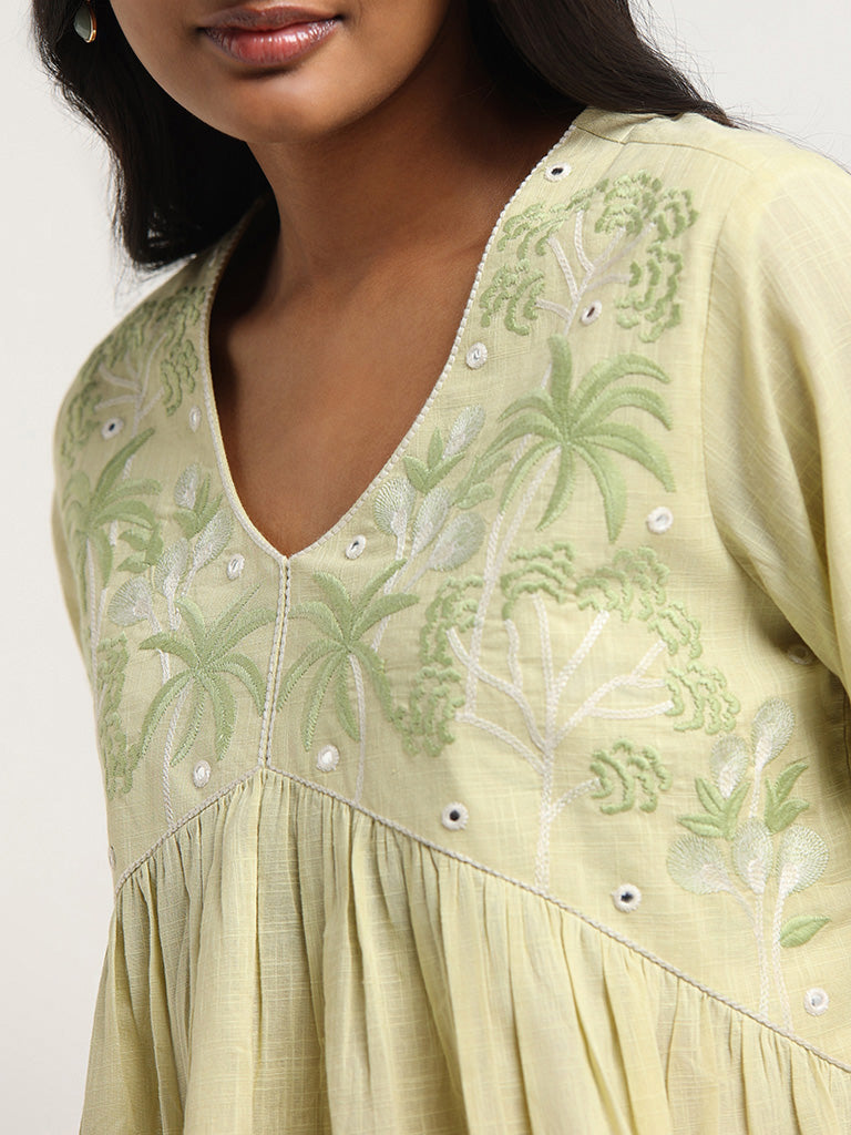 Utsa Lime Embroidered Cotton Tunic