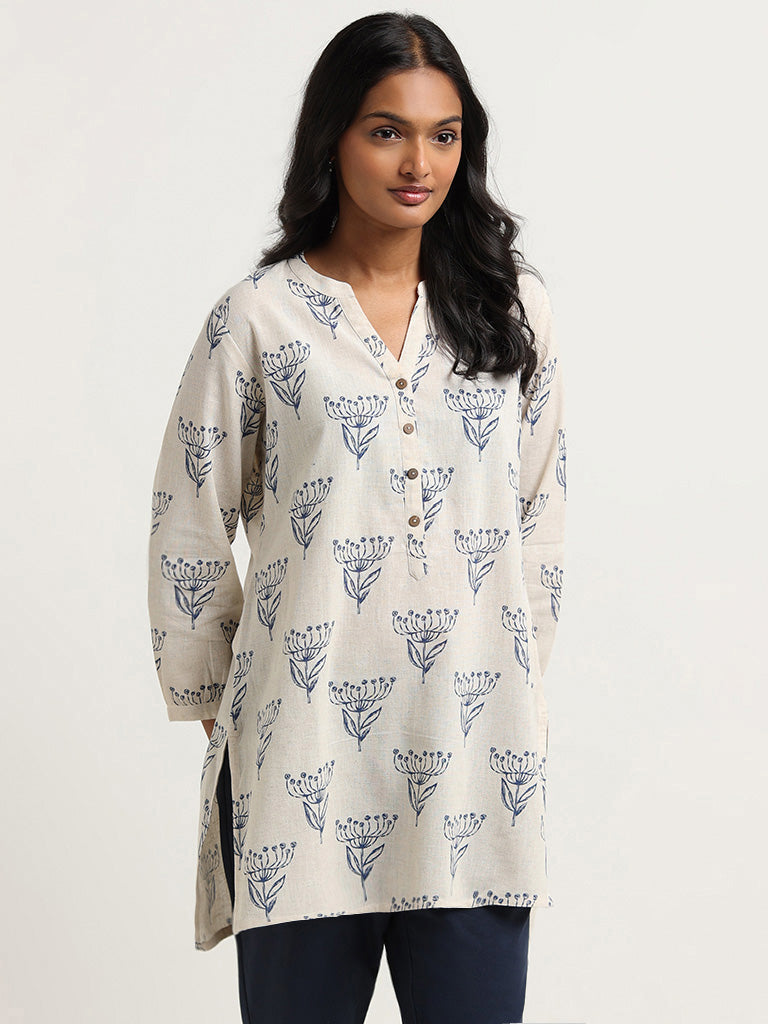 Utsa Off White Floral Printed Cotton Tunic