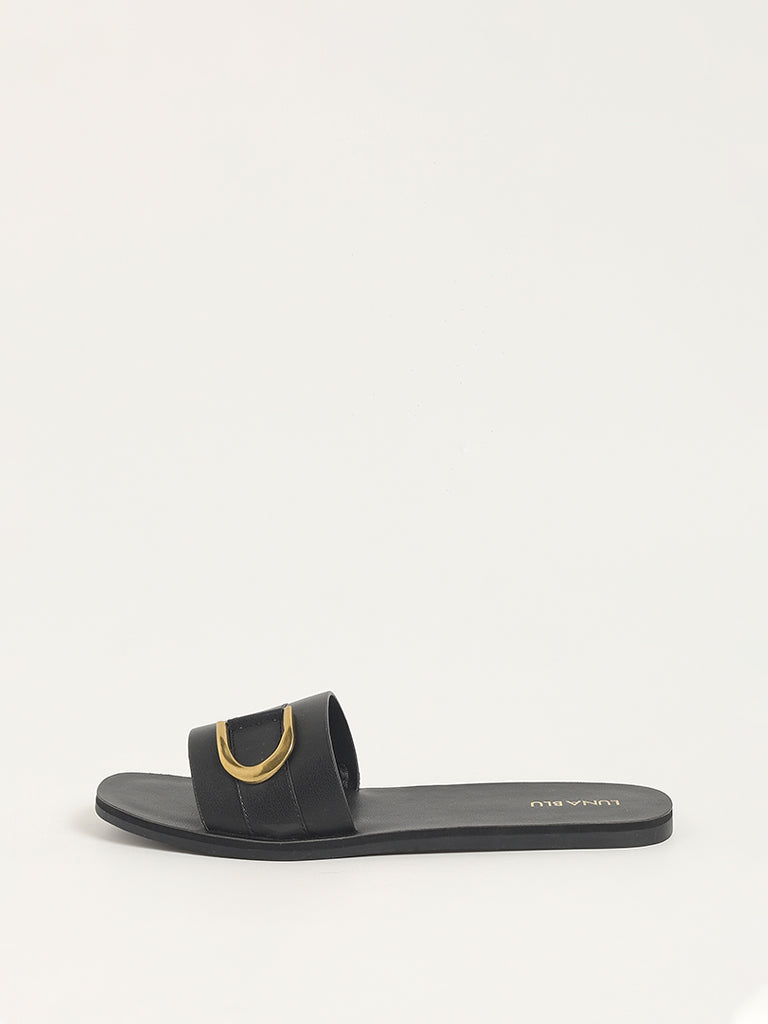 LUNA BLU Black Buckle Slides