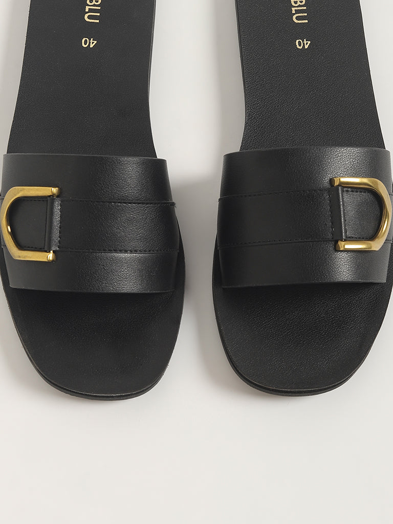 LUNA BLU Black Buckle Slides