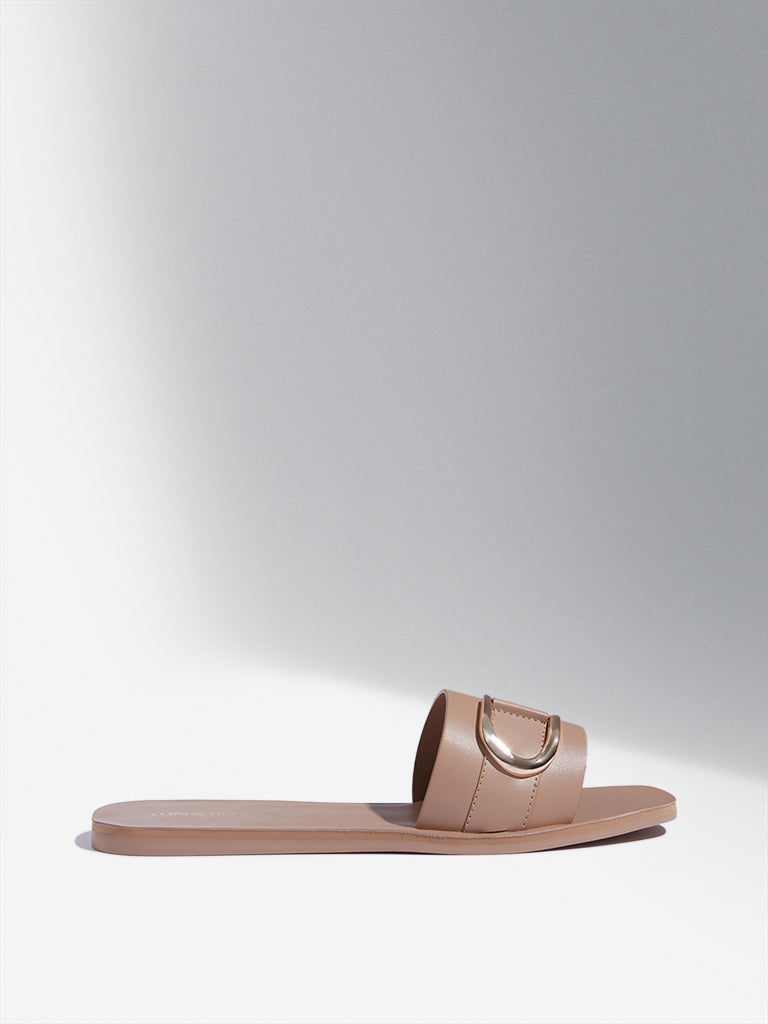 LUNA BLU Brown Buckle Slides