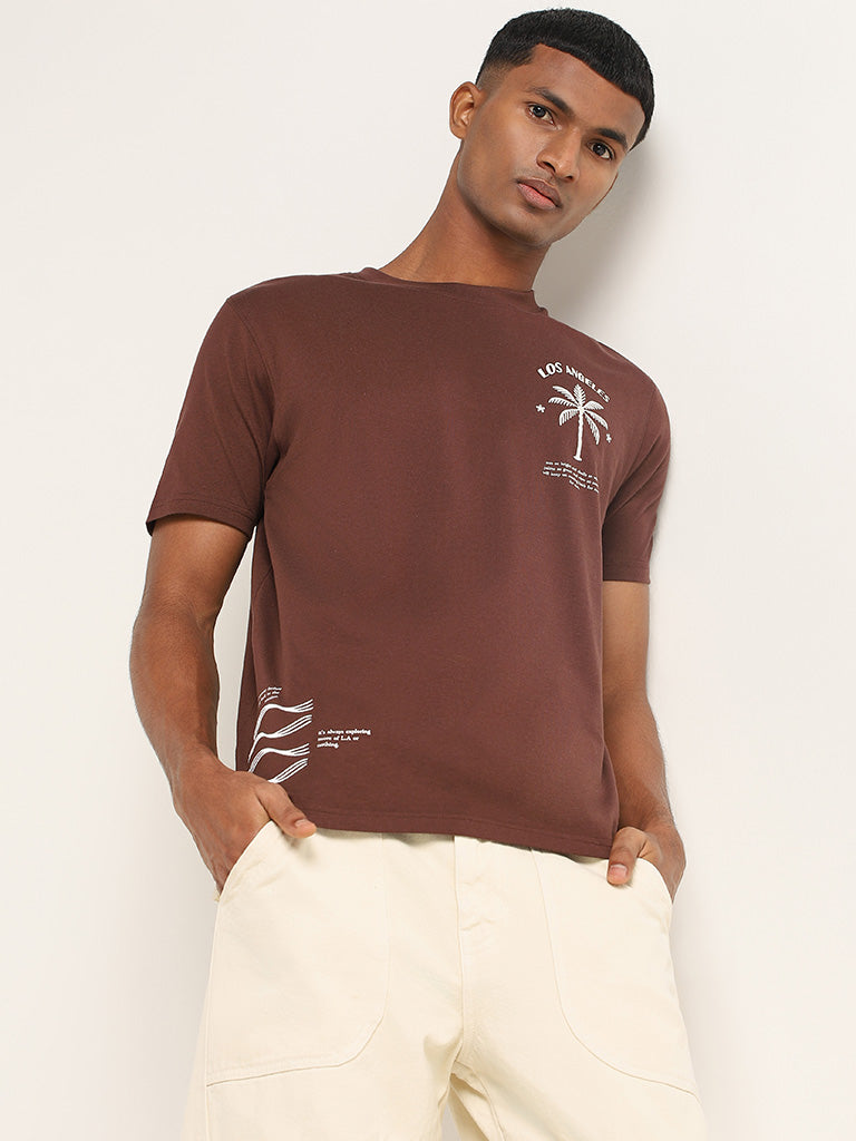 Nuon Brown Printed Cotton Slim Fit T-Shirt