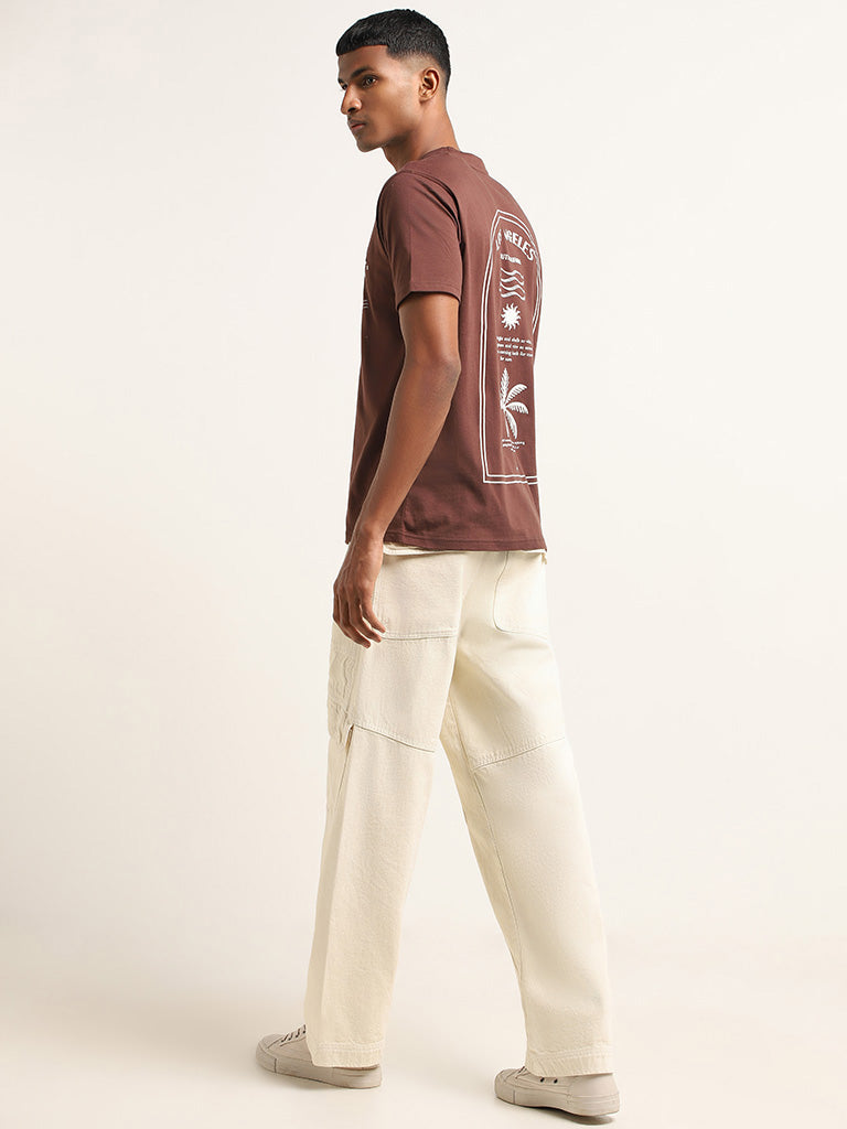 Nuon Brown Printed Cotton Slim Fit T-Shirt