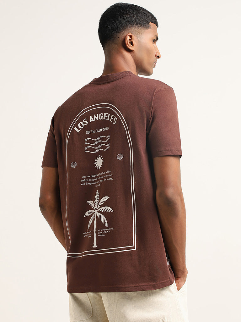 Nuon Brown Printed Cotton Slim Fit T-Shirt