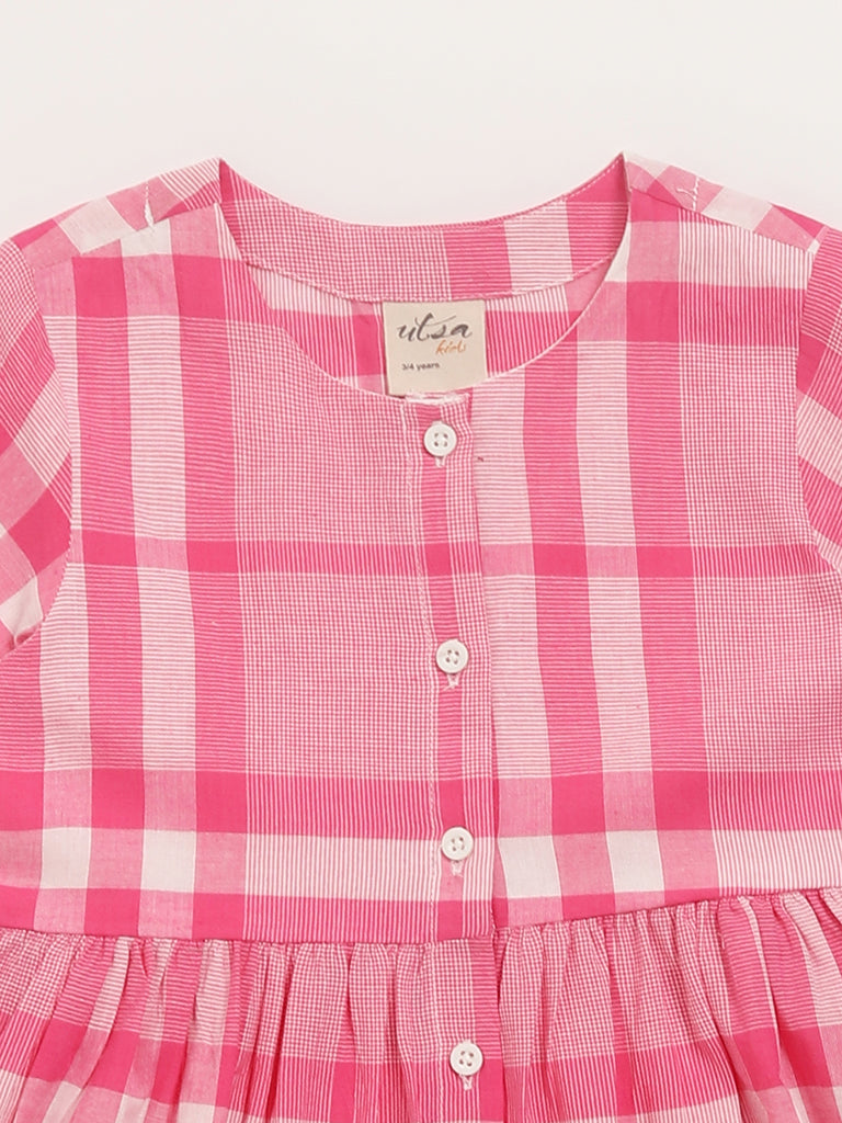 Utsa Kids Pink Checked Gathered Dress (2 - 8yrs)