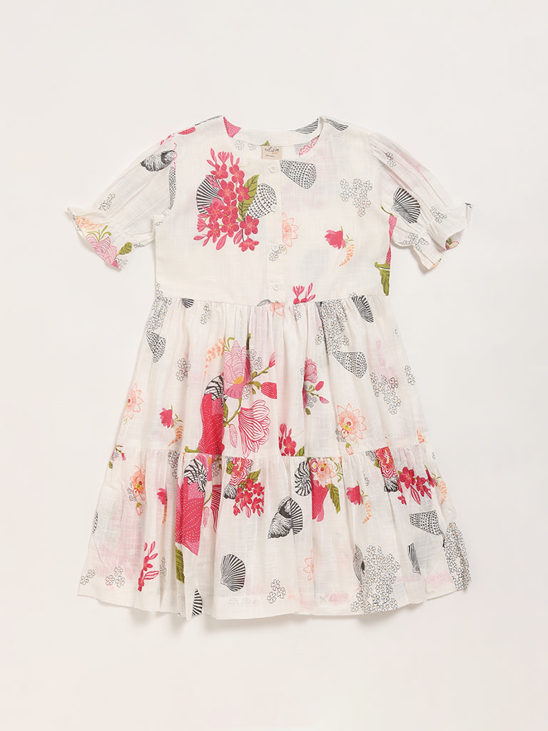 Utsa Kids White Floral Printed Dress (8 -14yrs)