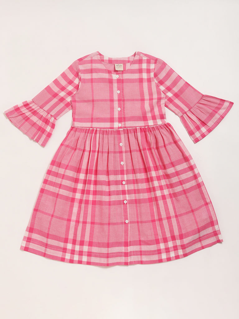 Utsa Kids Pink Checked Gathered Dress (8 -14yrs)