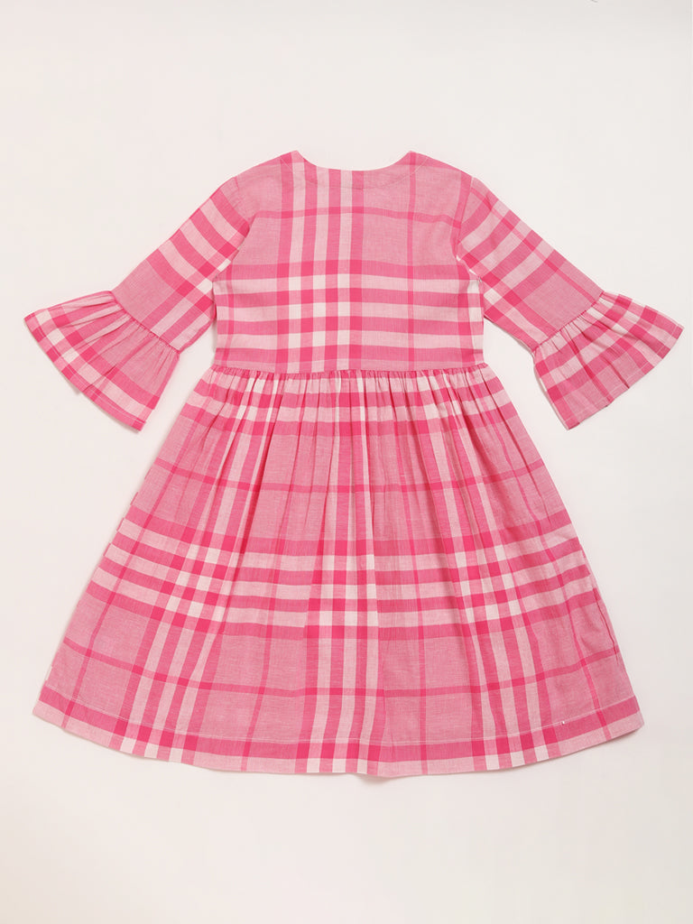 Utsa Kids Pink Checked Gathered Dress (8 -14yrs)