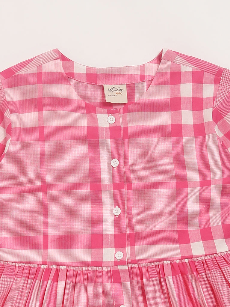 Utsa Kids Pink Checked Gathered Dress (8 -14yrs)