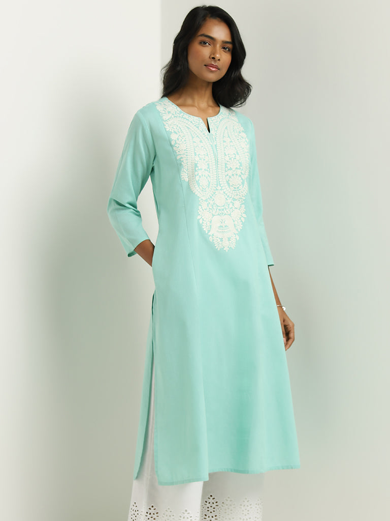 Utsa Blue Paisley Embroidered Blended Linen Kurta