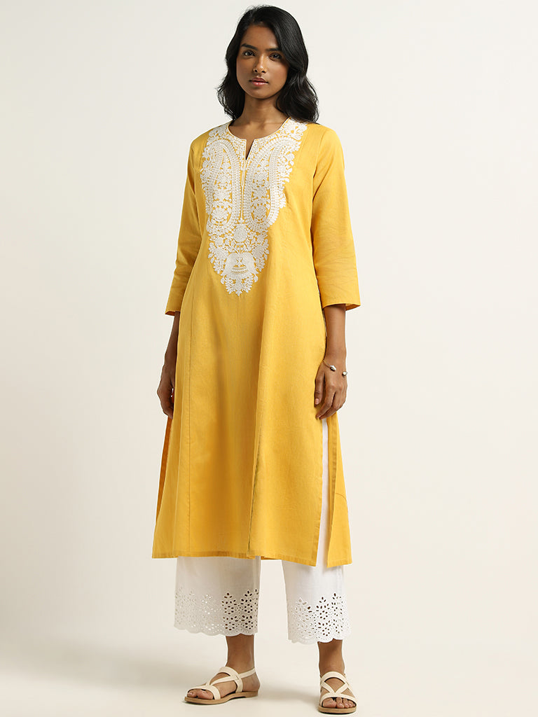 Utsa Yellow Paisley Embroidered Blended Linen Kurta