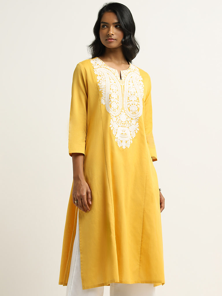 Utsa Yellow Paisley Embroidered Blended Linen Kurta