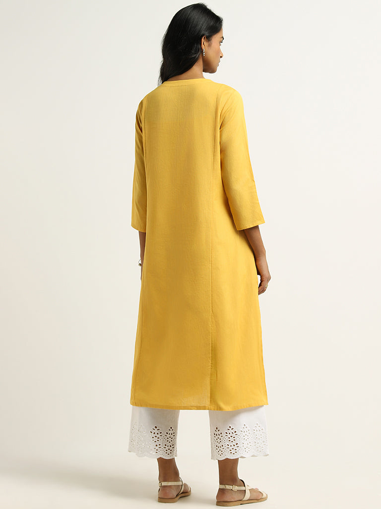 Utsa Yellow Paisley Embroidered Blended Linen Kurta