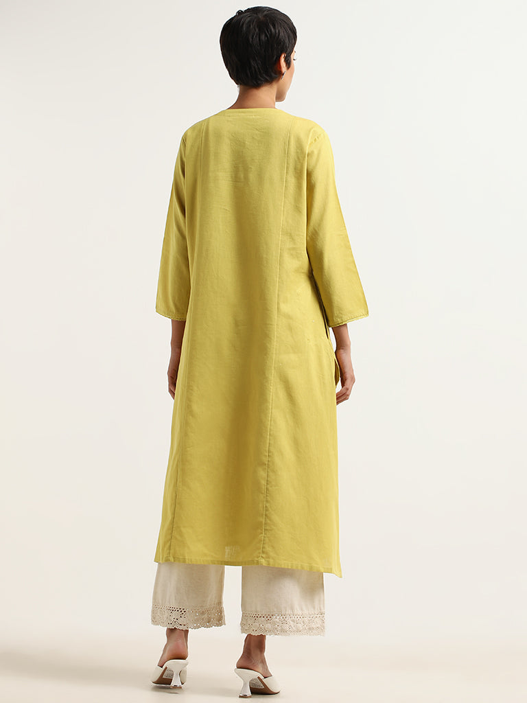 Utsa Green Embroidered Blended Linen Kurta