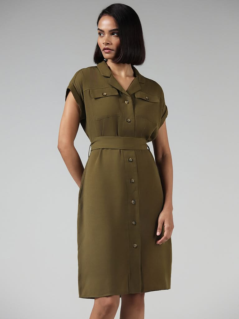 Wardrobe Solid Green Shift Dress with Belt