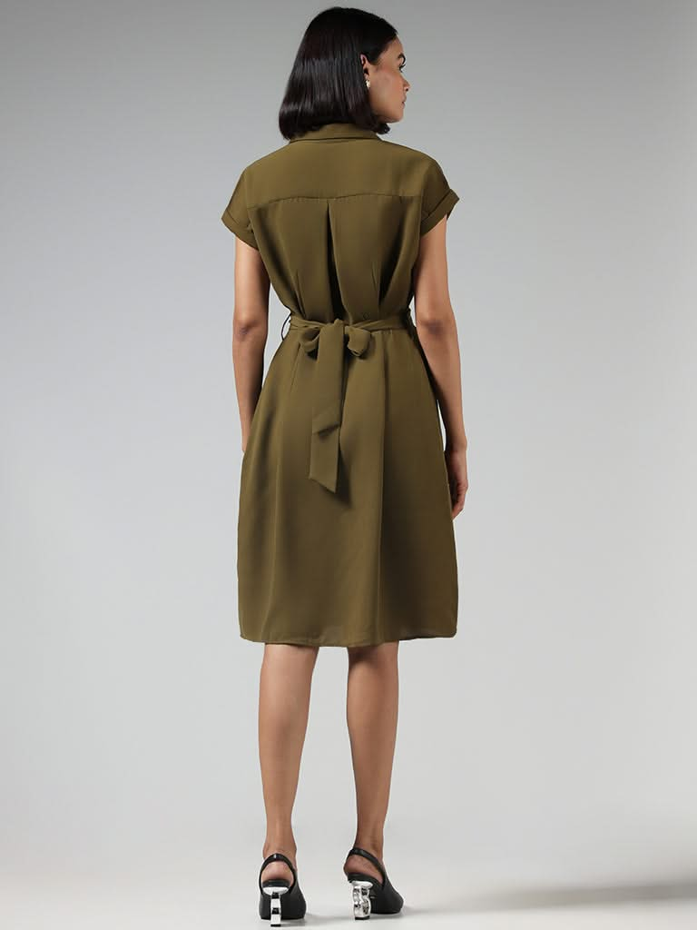 Wardrobe Solid Green Shift Dress with Belt