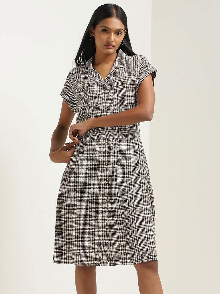 Wardrobe Brown Houndstooth Printed Dress with Belt