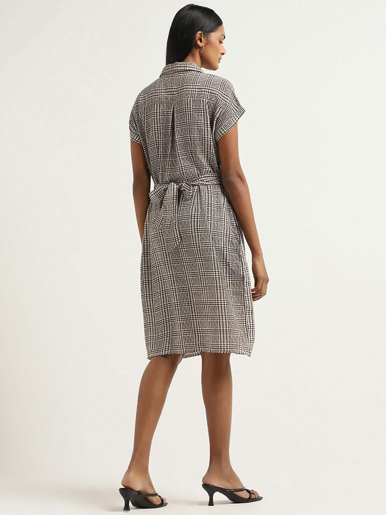 Wardrobe Brown Houndstooth Printed Dress with Belt