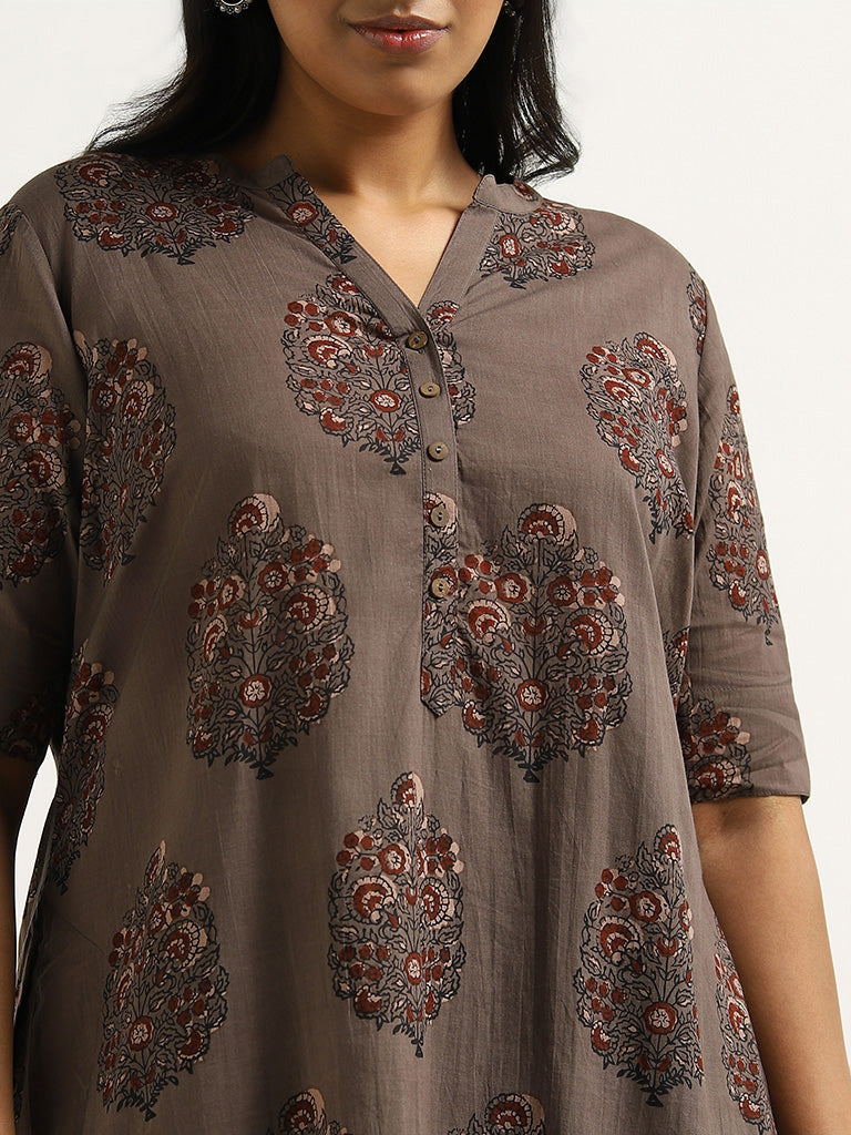 Diza Brown Floral Printed Cotton Kurta